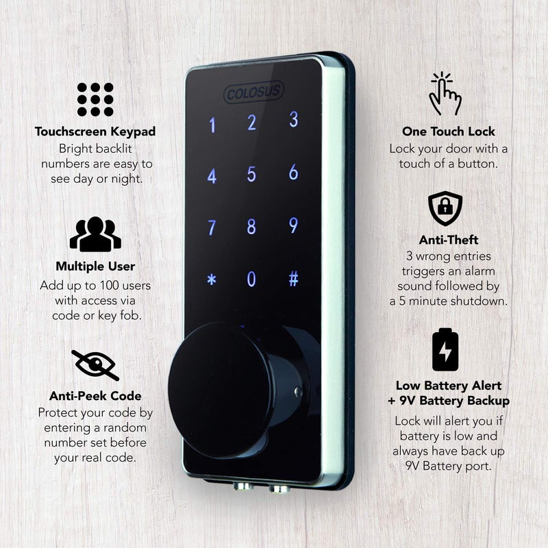 COLOSUS NDL626 Keyless Entry Deadbolt Smart Door Lock with Auto-Lock, Anti-Theft, Touchscreen Keypadâ€“ Up to 100 Users â€“ Multiple Codes, 4 Key Fobs, 2 Keys - Image 4